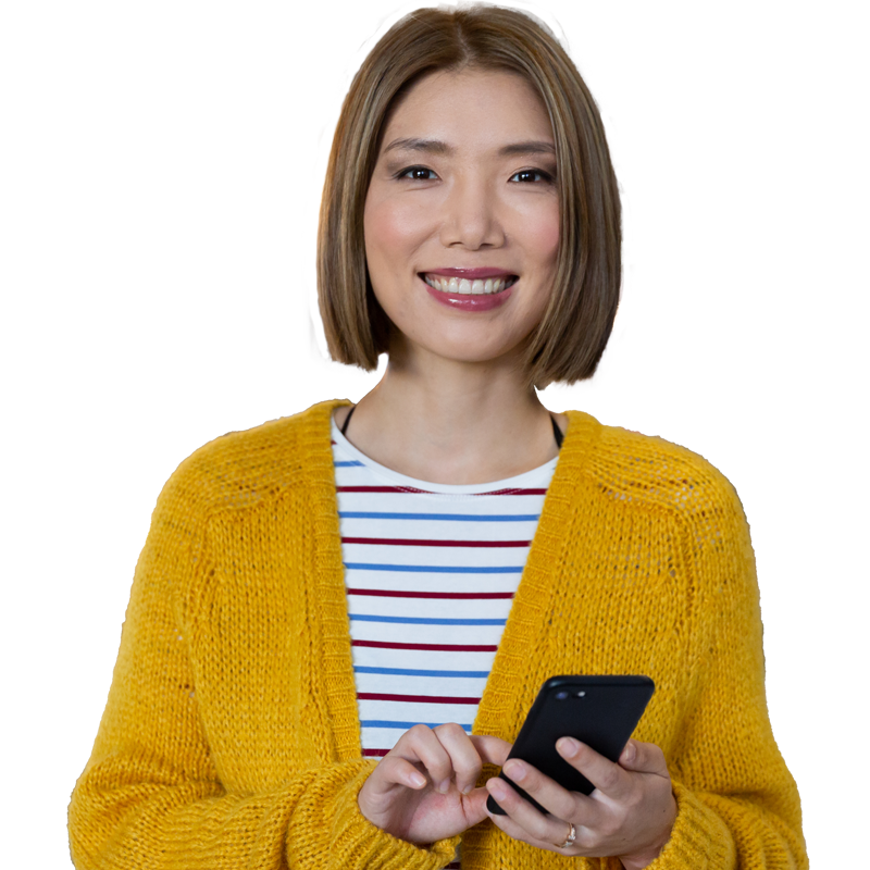 woman holding phone and smiling