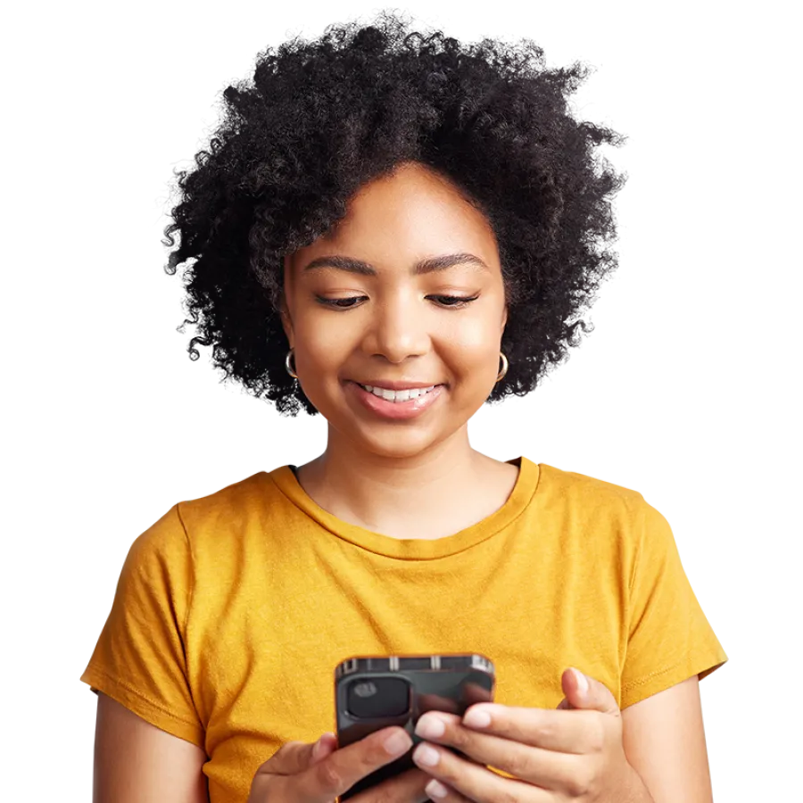 smiling woman holding smartphone
