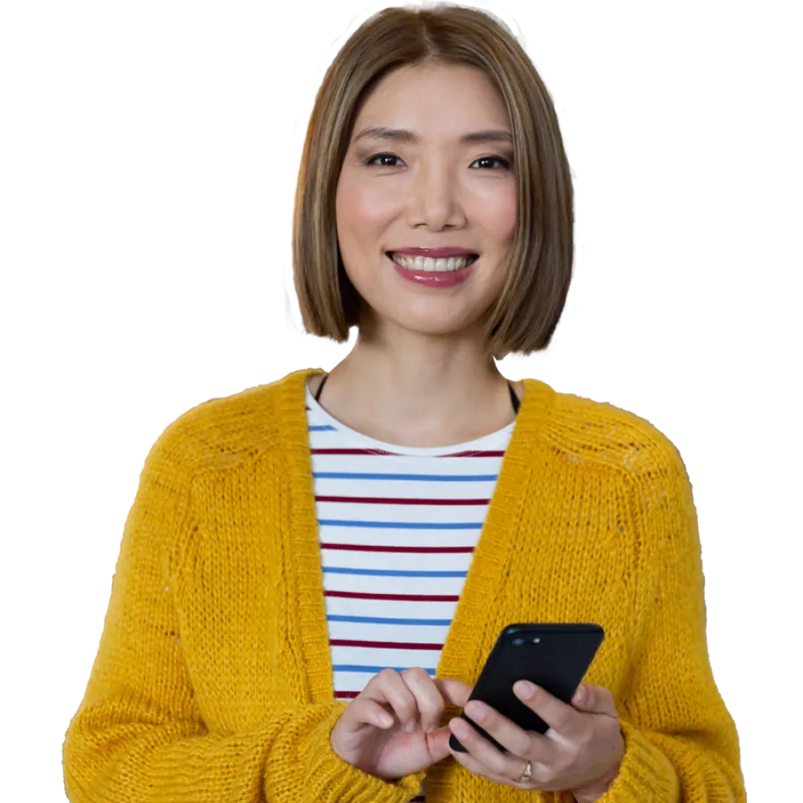 woman holding phone and smiling