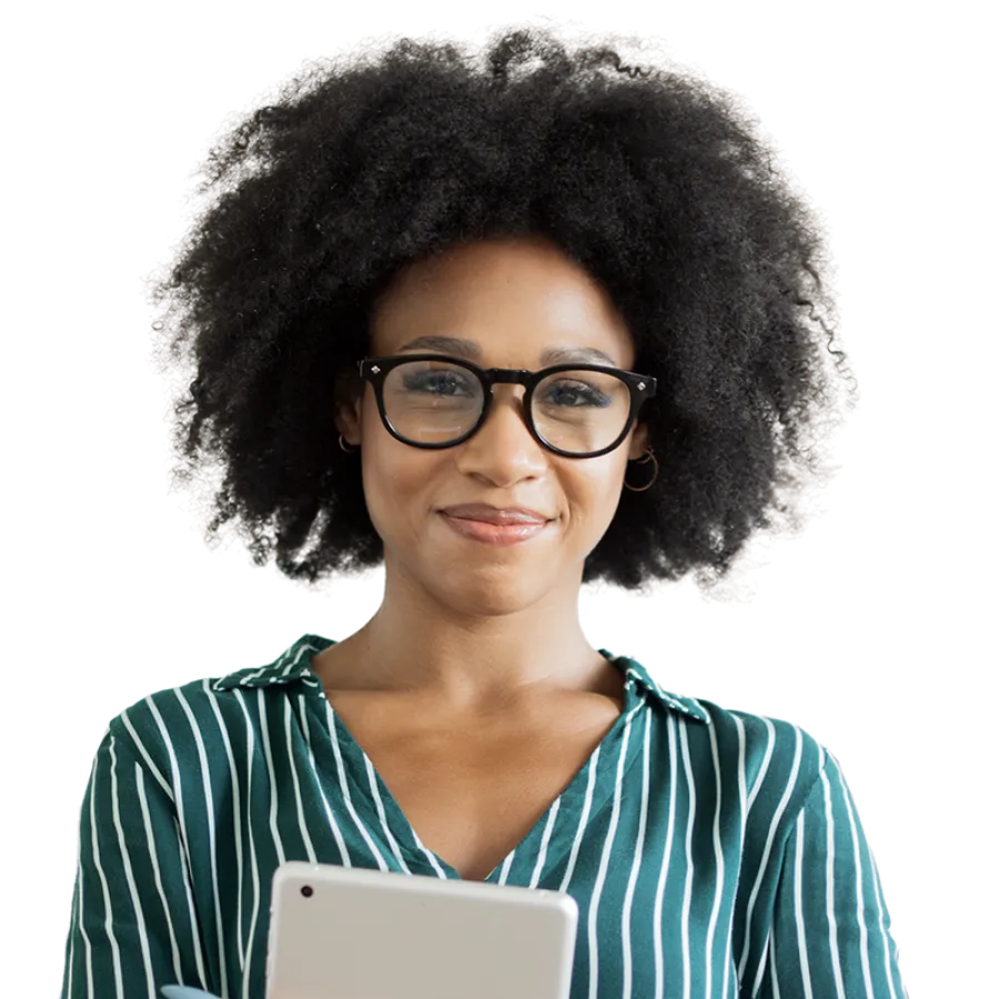 woman holding a tablet and smiling