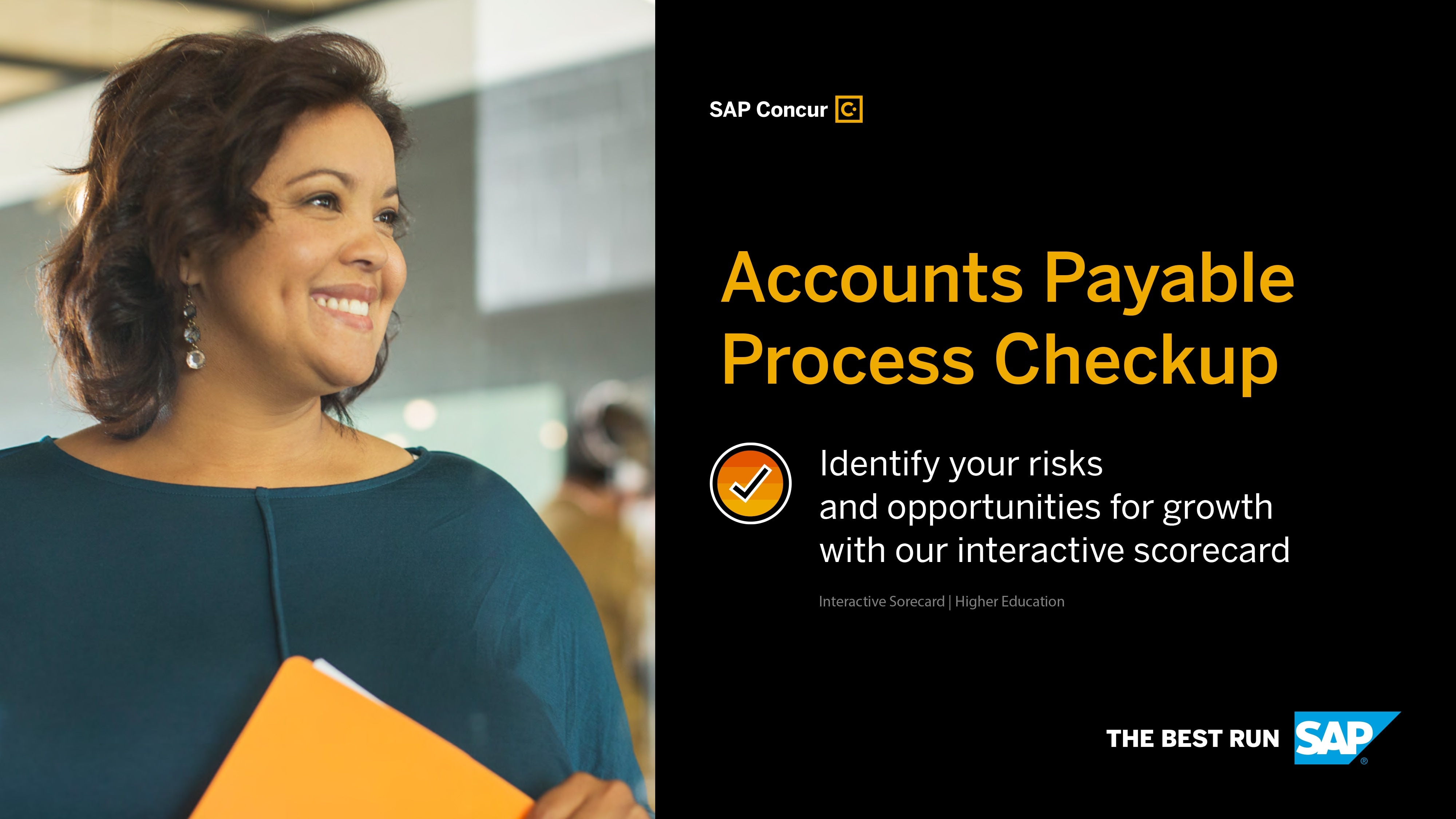 woman smiling with a yellow folder in her hand